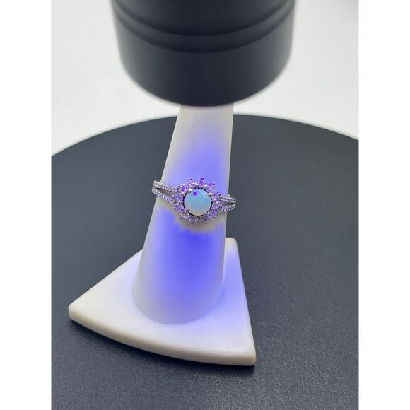 Sterling Silver Natural Opal Vibrant Colors Fire Halo CZ Split-shank Ring 7.5 - Picture 4 of 11